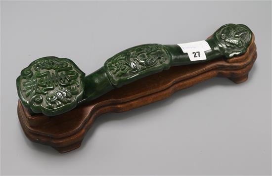 A Chinese spinach green jade ruyi sceptre length 40cm
